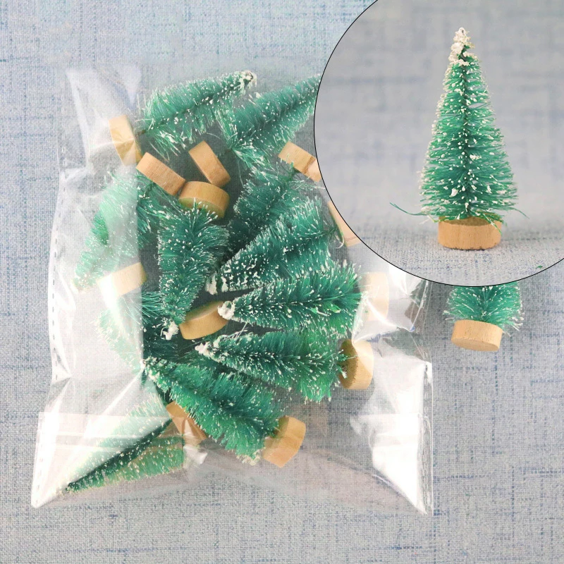 12Pcs/Pack Mini Christmas Trees Wooden Base Plastic Winter Snow Ornaments DIY Decoration Christmas Gift Desktop Artificial Tree