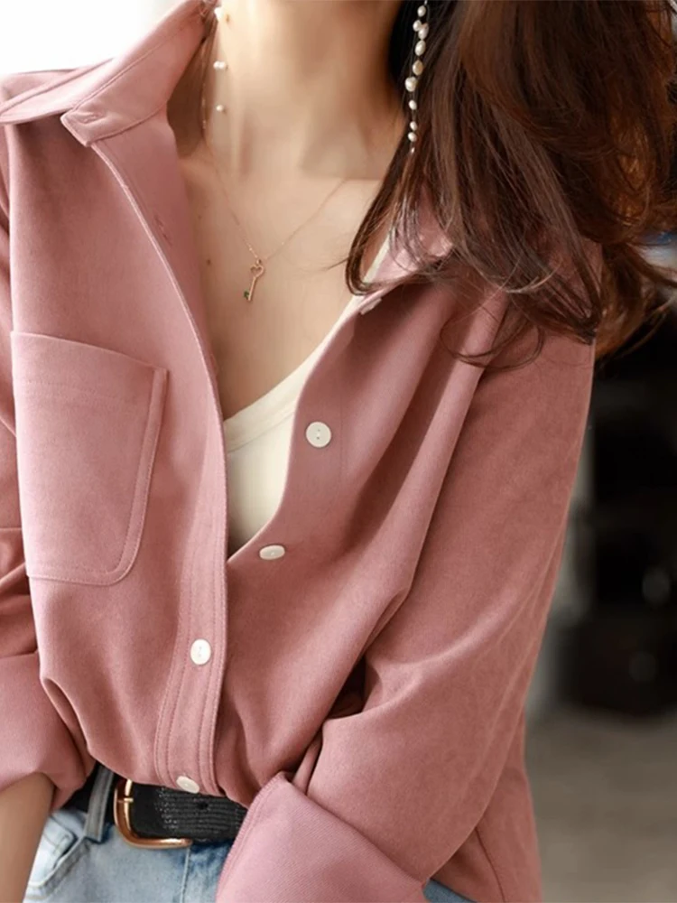 

Pink Flocking Women's Shirt Spring Early Top Coat Base Inner Shirt Sweater Two-Piece Set Autumn Winter Commute Style Pure Color