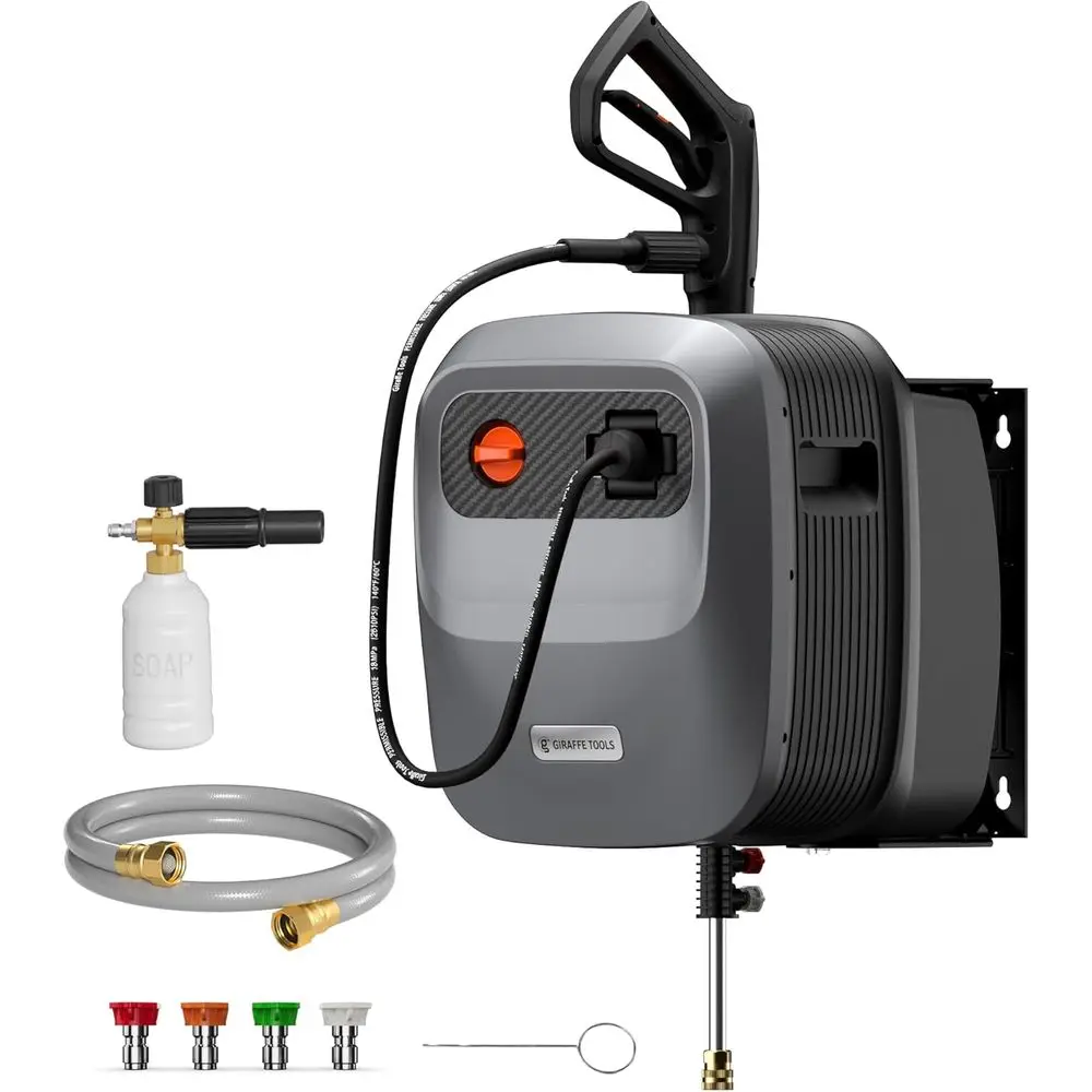 

Grandalls Retractable Prure Washer G20B, 2500 PSI 2.2 GPM, Wall Mounted Power Washer with 65T Hose , Black Prure Hoses, 4 Nozzle
