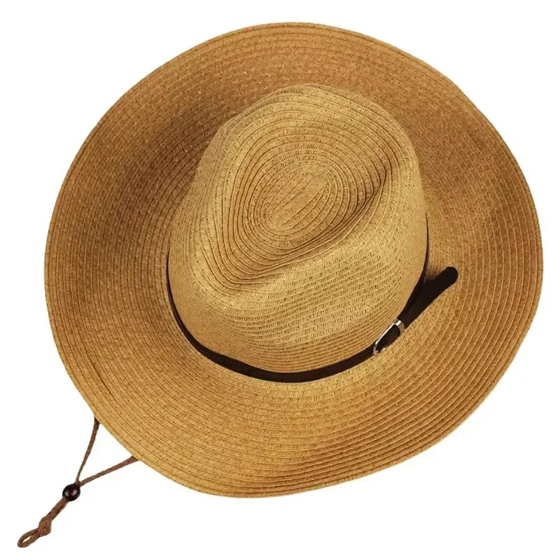 Foldable Jazz Straw Hat for Men and Women Summer Beach Strap Sunscreen Outdoor Sports Sun Hat Big Brim Woven Straw Hat