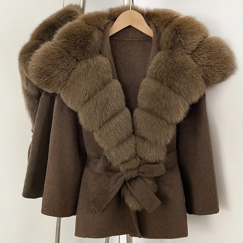 Echter Fuchspelzkragen, Realitätspelzjacke, Luxus, 2025, neue Winter- und Herbstmäntel für Damen und Herren, elegantes Gürtel-Design, Oberbekleidung, Wollmantel