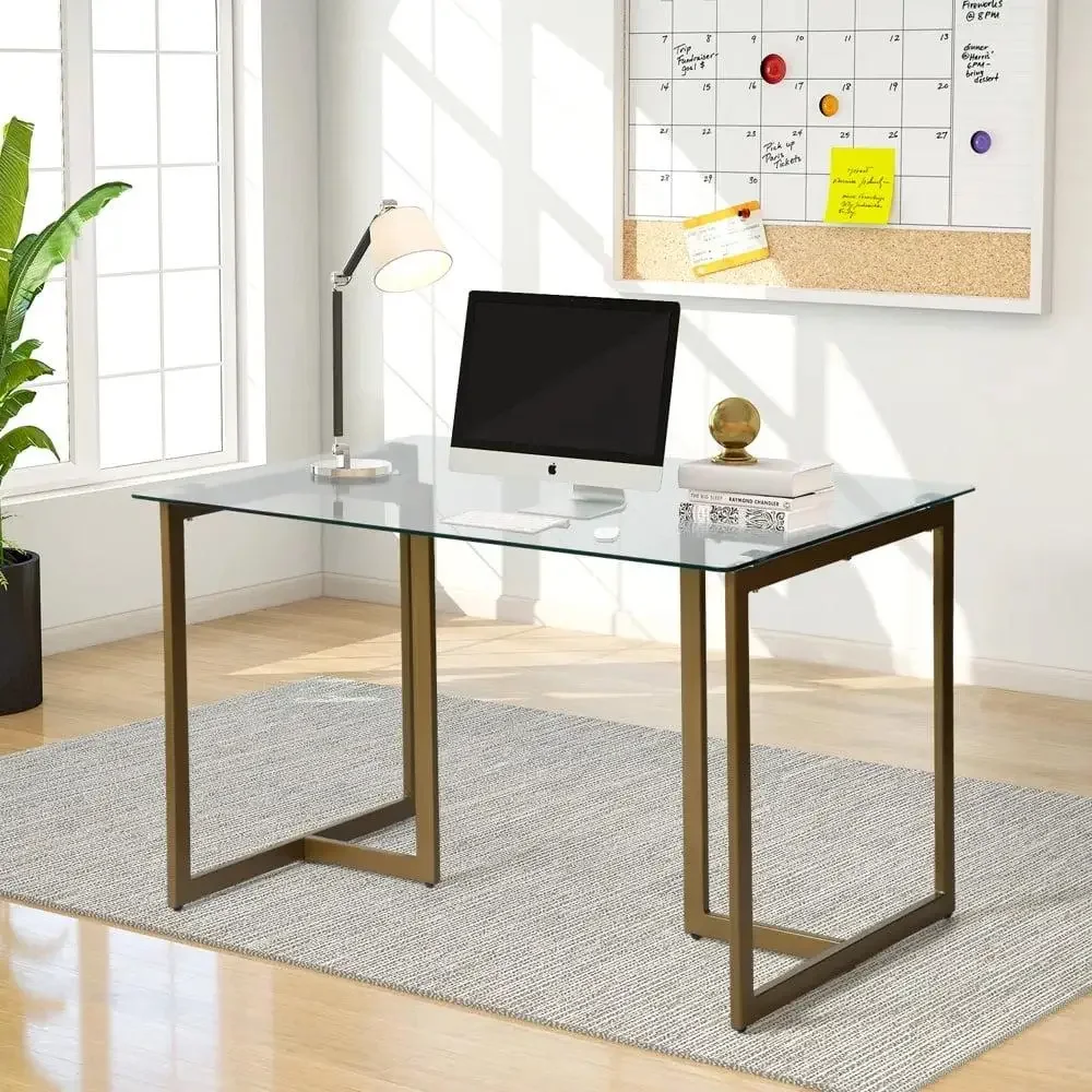 Glass Top Writing Desk Home Office Study Modern Metal Legs Compact Design Ample Leg Room Easy Assembly Elegant Workspace Enhance