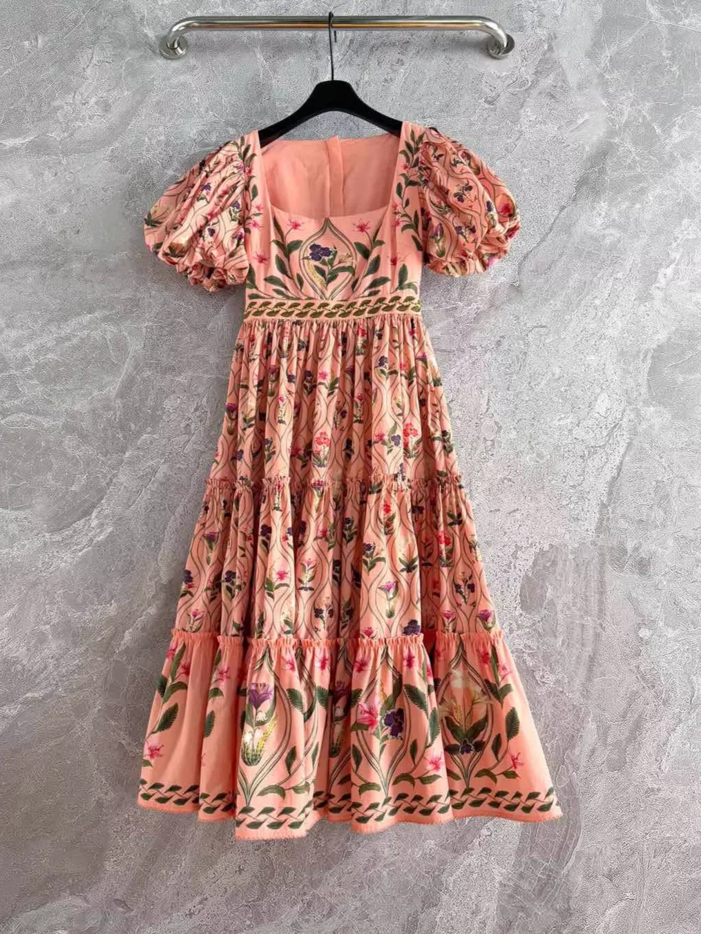 Robe longue en coton rose pour femmes, imprimé floral, broderie de perles lourdes, col carré, manches bouffantes, taille haute, Robe de vacances, nouvelle collection 2025