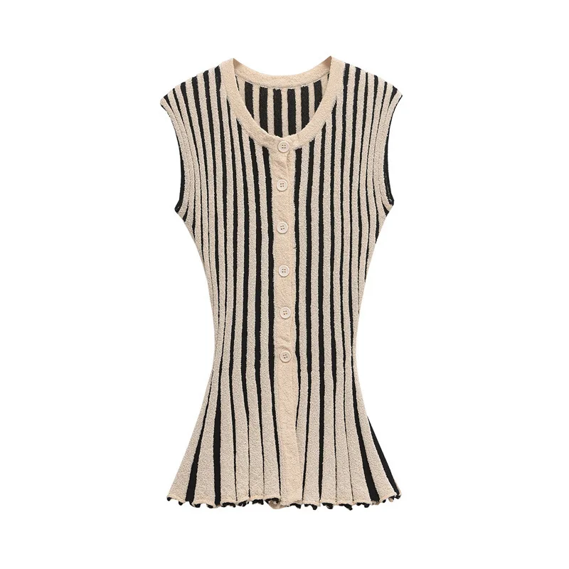 

Элегантная однобортная футболка с v-образным вырезом, полосатый вязаный жилет, летняя женская майка, новый короткий кардиган без рукавов в стиле ретро, верхняя одежда