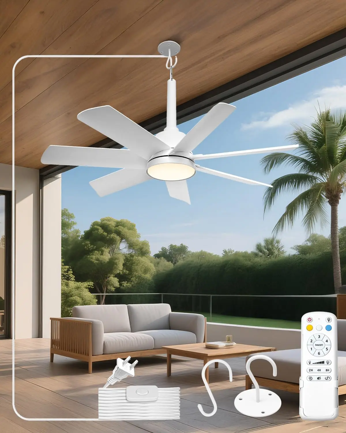 

28-Inch Exterior Ceiling Fan with Remote and Light, LED Hanging Fan with Hook for Gazebo, 3CCT Dimmable 3000K-6500K, 6-Speed Quiet Timer Function for Patio, Porch, Pergola, Garage, White