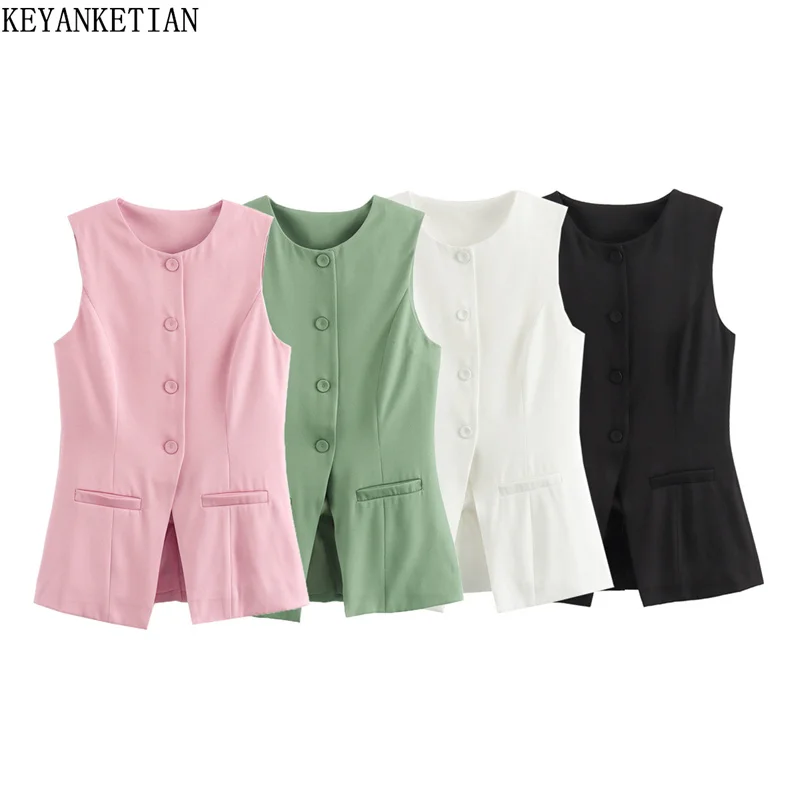 

KEYANKETIAN New Women's Solid color Split Waistcoat Vest Simply Office Lady Single Breasted O-Neck Sleeveless Top Slim Camisole