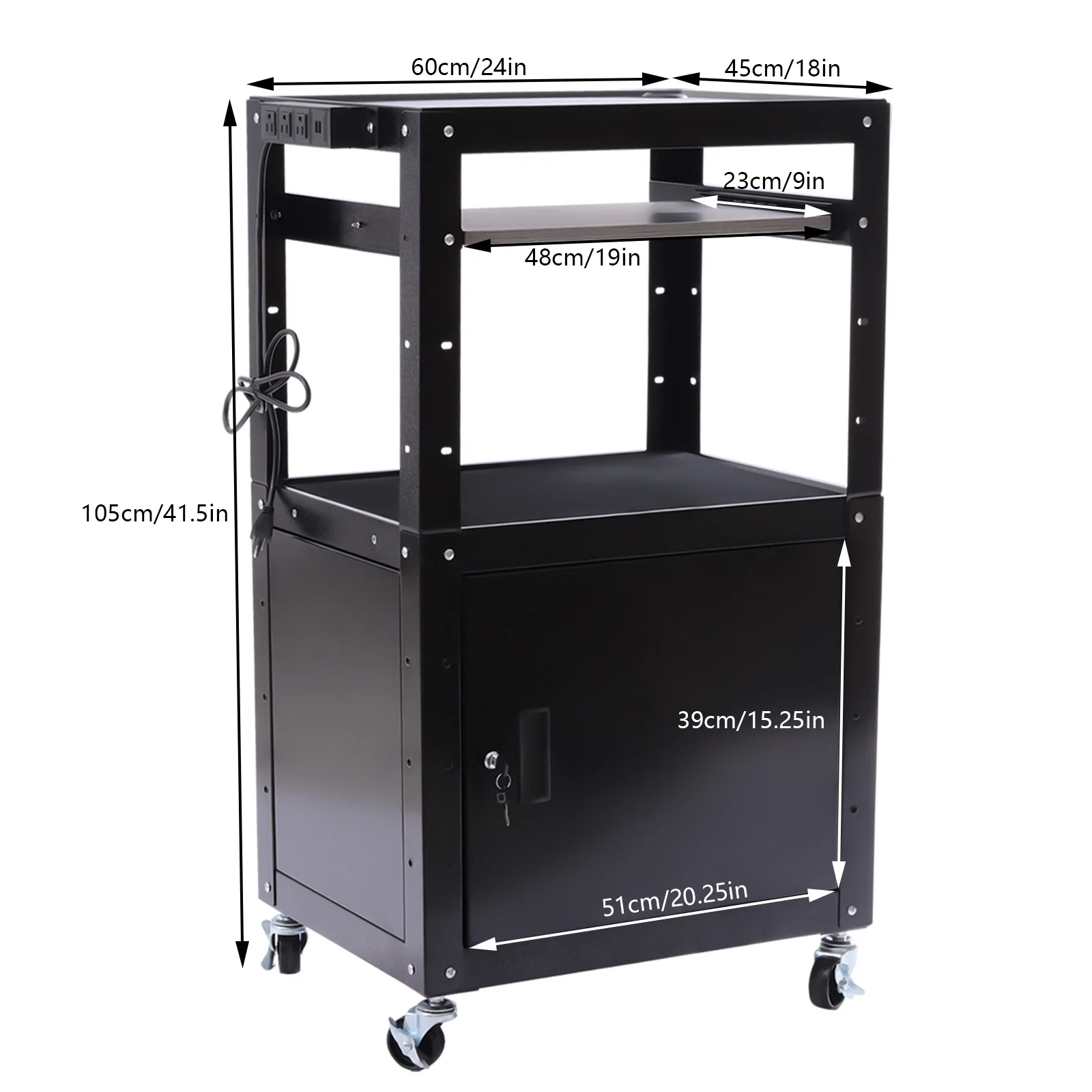 AV Cart Media Cart, Black Adjustable Height Metal Cart with Pullout Keyboard Tray & Locking Cabinet,Portable Utility Cart