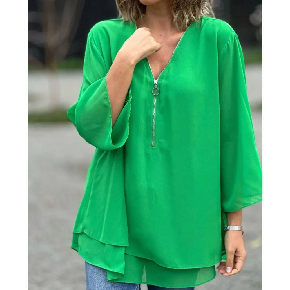 

2025 Women's Shirt Loose V-neck Zipper Solid Color Fashion Top Simple Versatile Casual 7-point Sleeve Female's Blouse