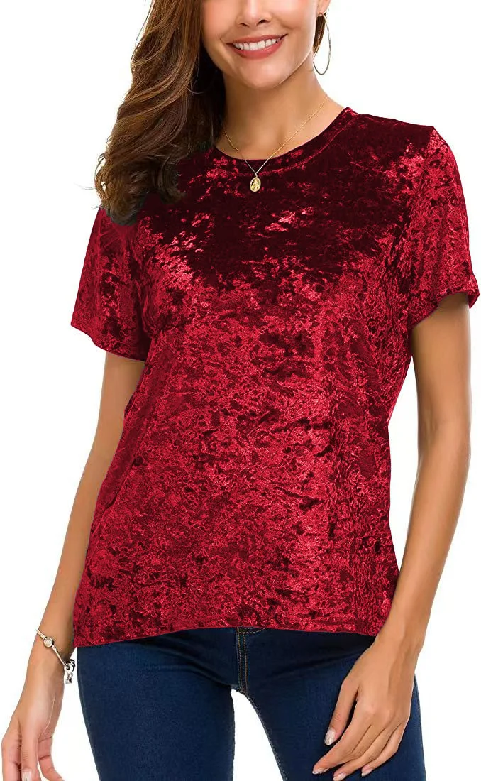 Damen-T-Shirt aus Crushed-Samt in Übergröße, kurzärmelig, Rundhalsausschnitt, lässiges, lockeres Oberteil – Detail 3