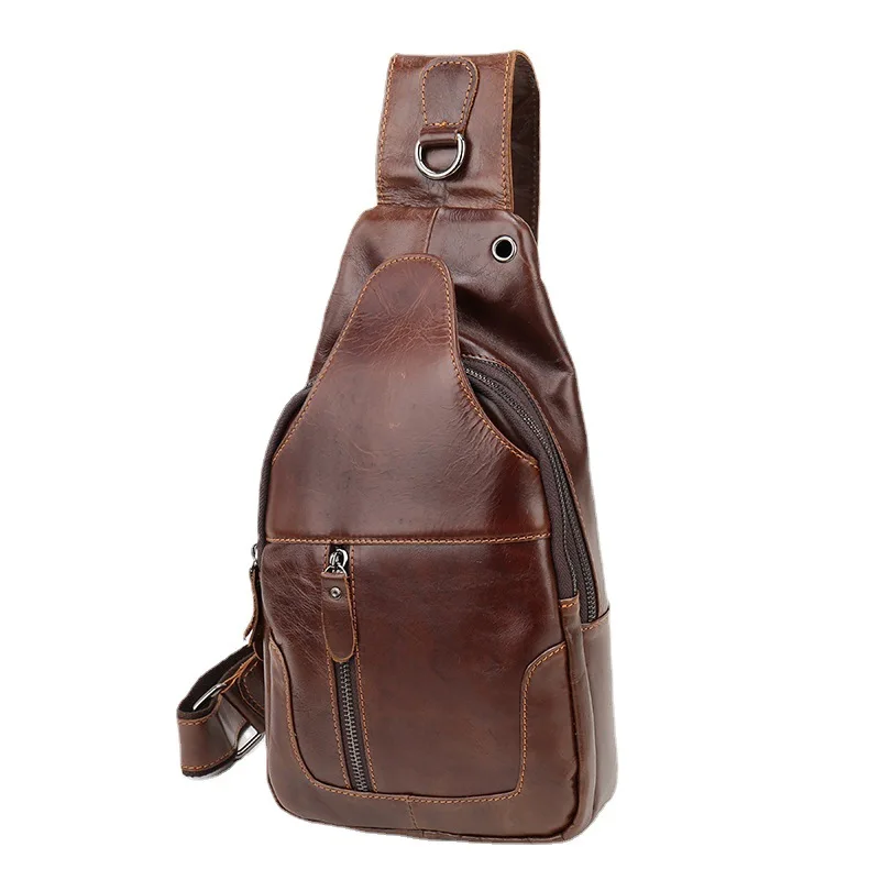 Men's Casual Chest Bag Made of High Quality Real Cow Leather Crossbody Bags Outdoors Small Purse Oil Wax Cowhide Natural Skin