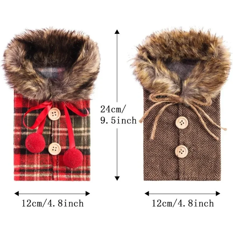 6 Pack Plaid Wine Bottle Covers Like Christmas Sweaters Featuring Faux Fur Collars Button Details 2026 Holiday Party Xmas Decor
