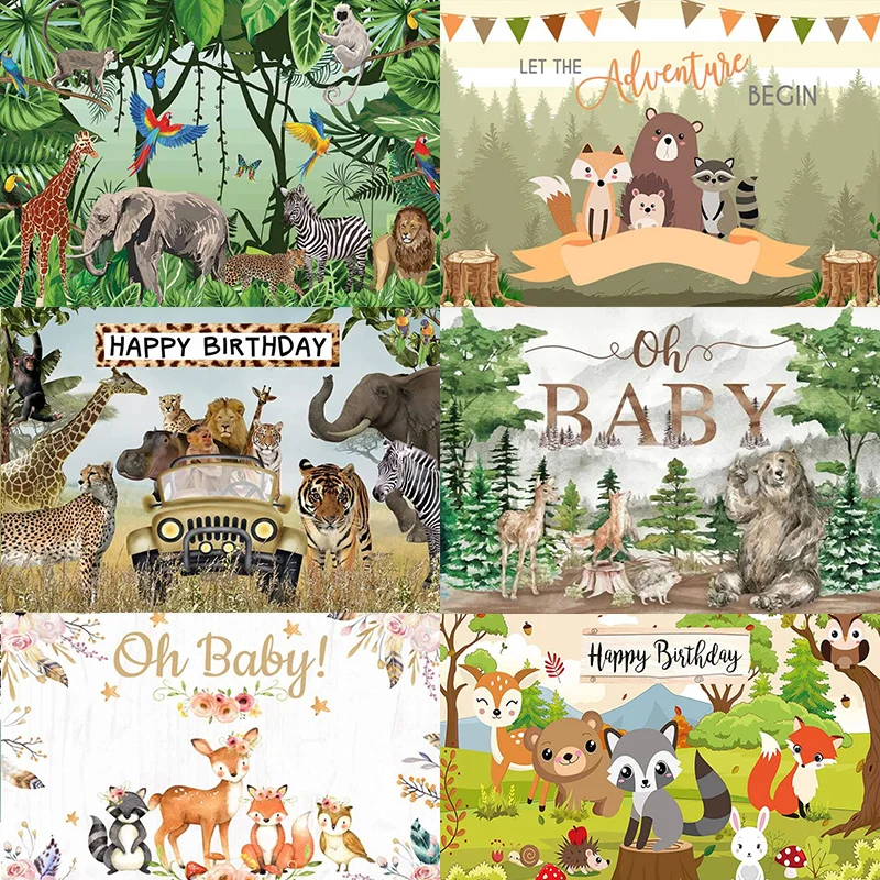 Woodland Forest Friends Animals Tree Mountain Photography Happy Birthday Party Backdrop Background Banner Decoration Baby Shower