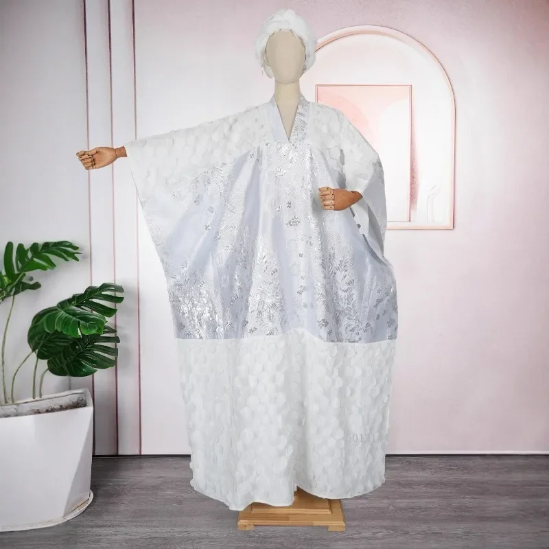 African large size women's clothing batsleeve robe headscarf 2026 New three-dimensional embroidered splicing white dress