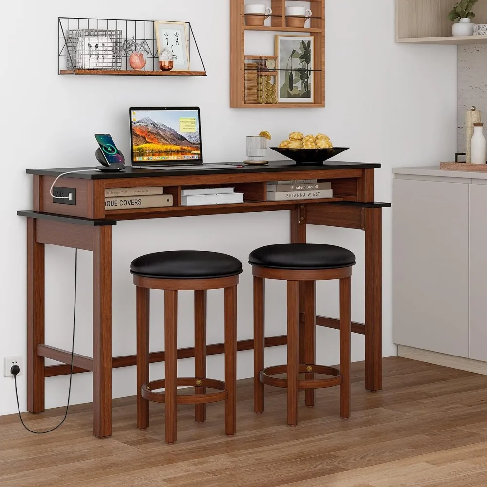 

3 Pieces Bar Table Set with Power Outlet, 36” Counter Height Bar Table with 2 Upholstered Bar Stools, Pub Table Set for Kitchen