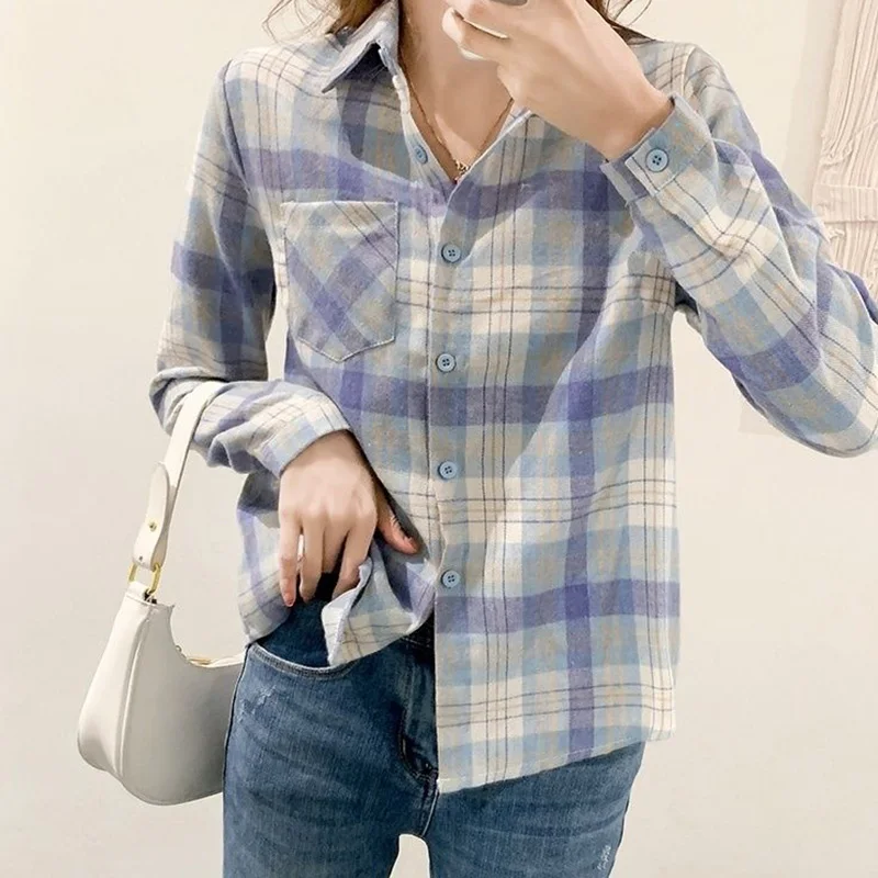 Retro Plaid Pattern Patchwork Pockets Blouse Fashion Polo-Neck Sanding Single Row Multi Buckle Loose Blue Women\'s Shirts