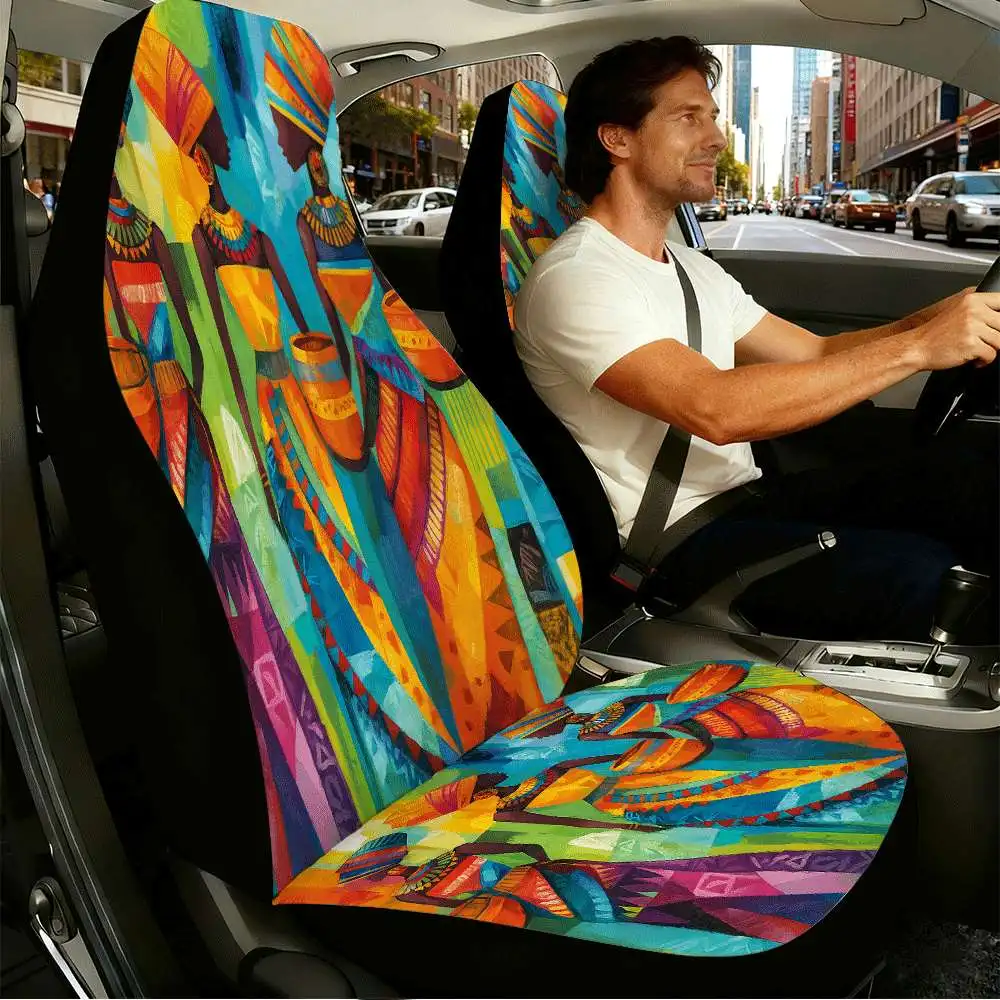 2pcs African Women Art Car Seat Covers - High-Back Fit For Front Seats, Vibrant African Print Covers Suitable For Cars, SUVs, Tr