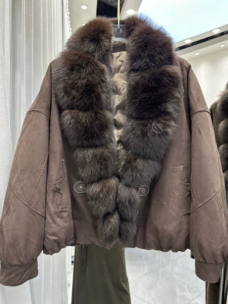 Winter fashion retro women‘s down jacket thick and warm with genuine fox fur collar and suede fabric casual windproof daily coat