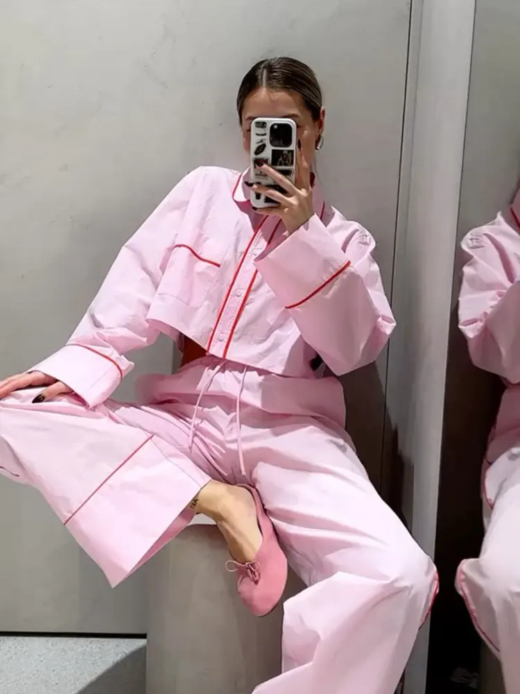 HH 2024 femme casual rose doux pantalon costume avec poches latérales taille élastique pantalon Long + manches longues revers recadrée Blouse