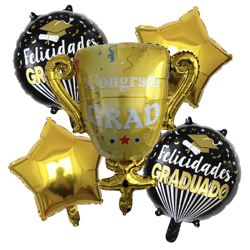 5 stücke schwarz und gold aluminium film ballons, doktoranden design set-geeignet für abschluss feier dekoration