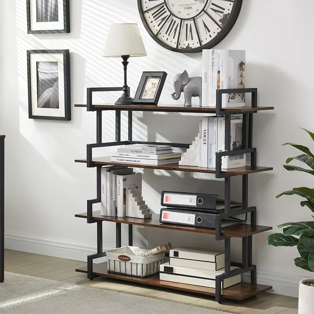 Industrial 4 Tier Bookshelf,Metal and Wood Bookcase,Open Wide Display Storage Bookshelves,for Bedroom,Living Room,Home Office