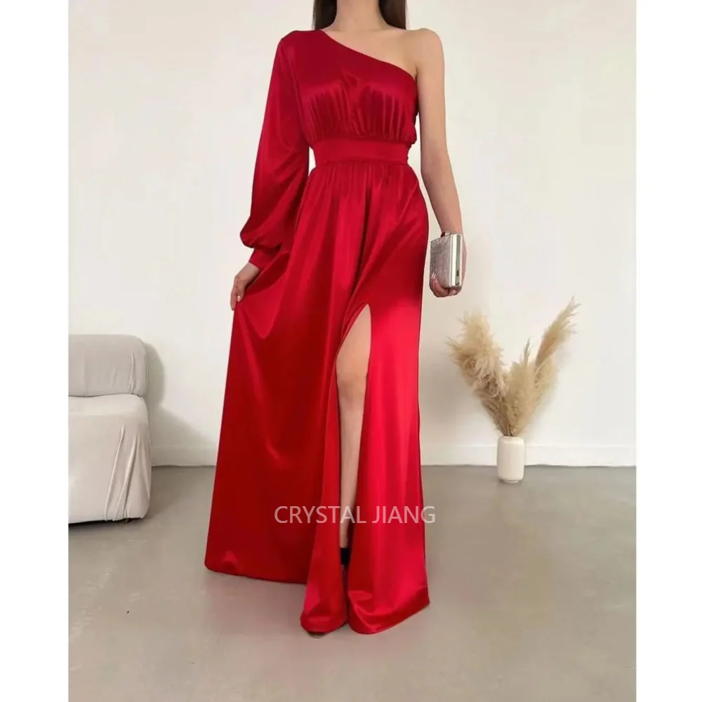 

Simple Long One Shoulder Satin Evening Dresses Full Sleeves with Slit A Line Floor Length Vestidos Para Eventos Especiales