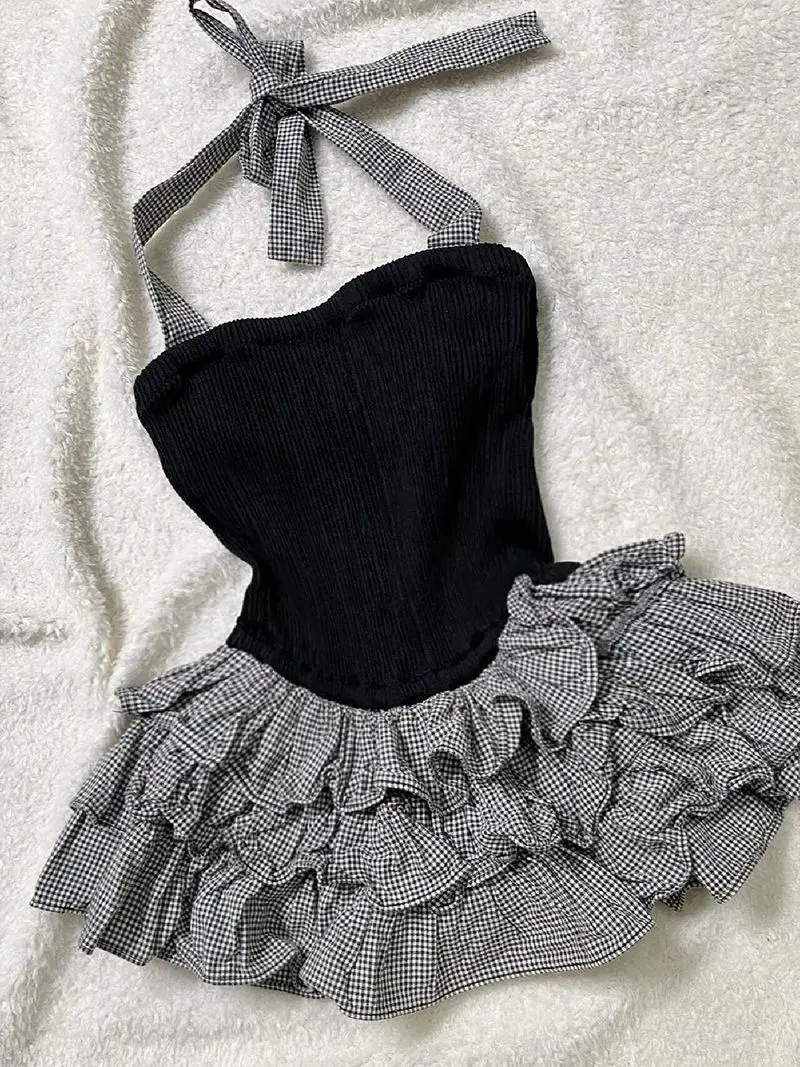 Y2k doce halter verão moda magro encaixe tubo superior sem mangas vestidos femininos xadrez retalhos fofo em camadas mini vestidos