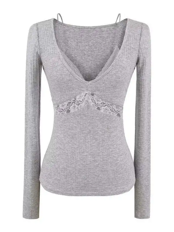 Pure Desire Sexy Long Sve T-irt Lace Hollow out Splice Slimming Waist Top for Women Street Sle ort Sve V Ne