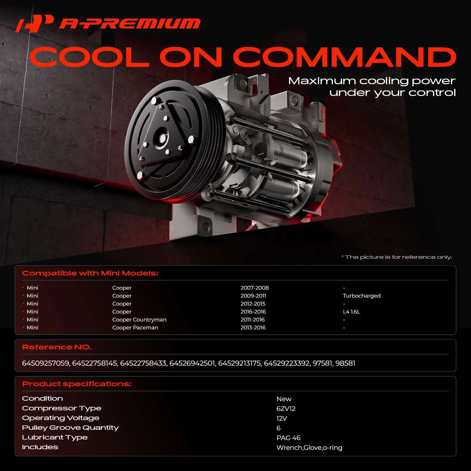 A-Premium AC Compressor with Clutch & 6-Groove for Mini Cooper 2007-2016 Cooper Paceman 2013-2016 Cooper Countryman 2011-2016
