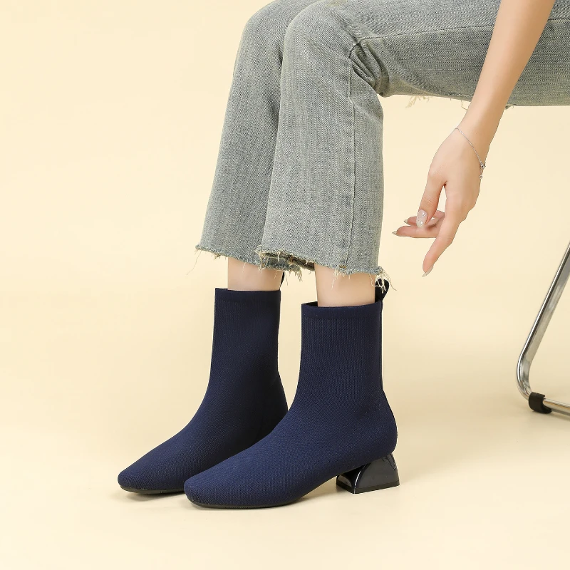 

New Sock Ankle Boots Square Toe Knit Elastic Slim Skinny Boots Black Low Block Heel Autumn Winter Casual Fashion Daily Comfortab