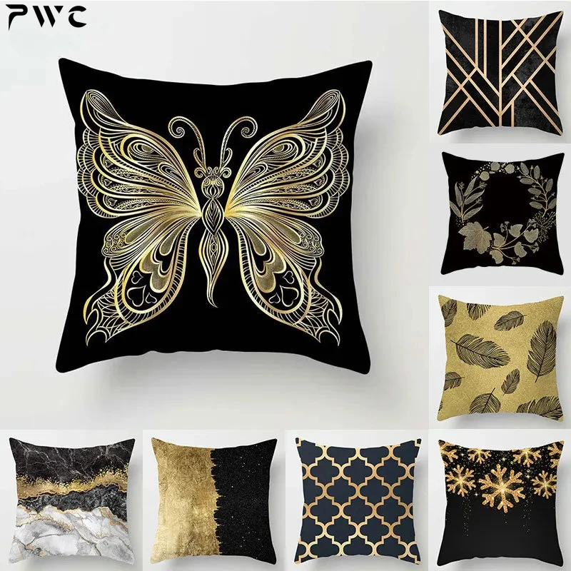 

45cm*45cm Peach Skin Pillow Case Black Gold Printing Pillowcase Home Decoration Cushion Cover Print Home Decor Pillow Covers