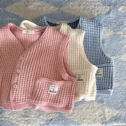 2024 Spring New Baby Sleeveless Vest Infant Boy Girl Waffle Cardigan Coat Toddler Solid Casual Vest Kids Pocket Tops Jacket