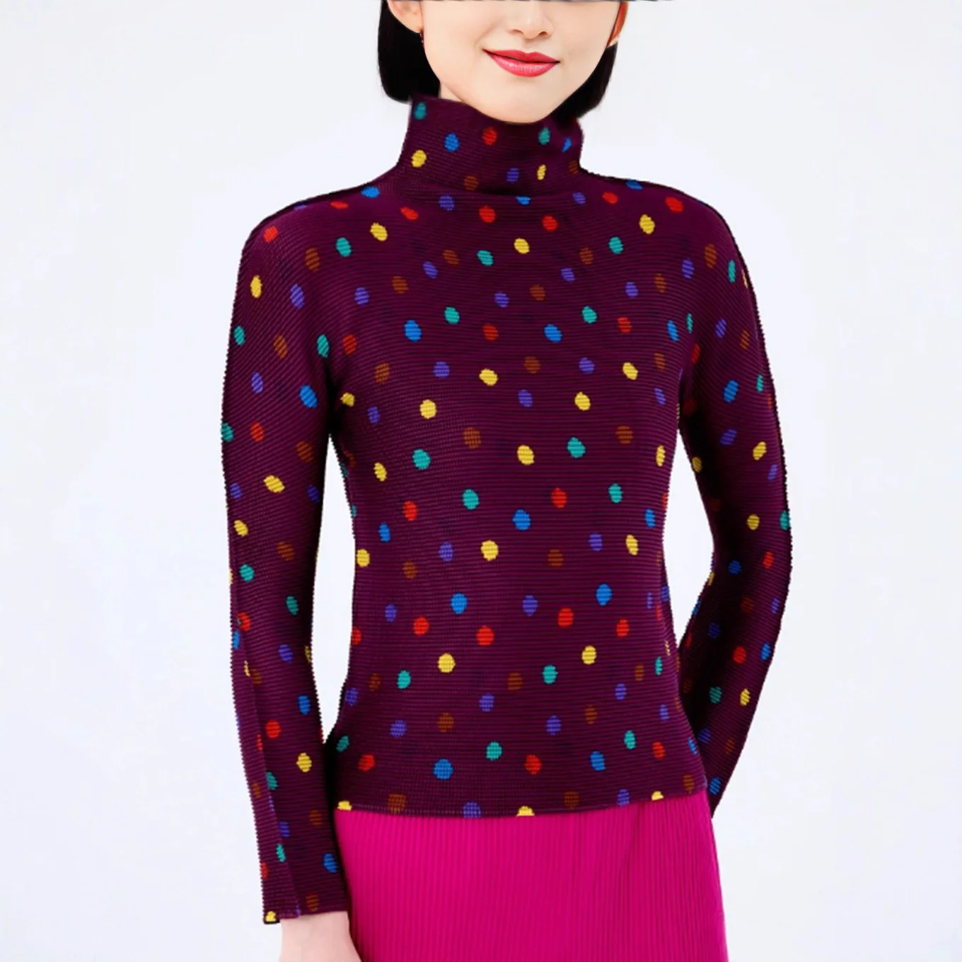 

Pleated Women Slim Fit Base Shirt High Neck 2025 Autumn New Fashion Printed Long Sleeved T-shirt Top Female Clothing