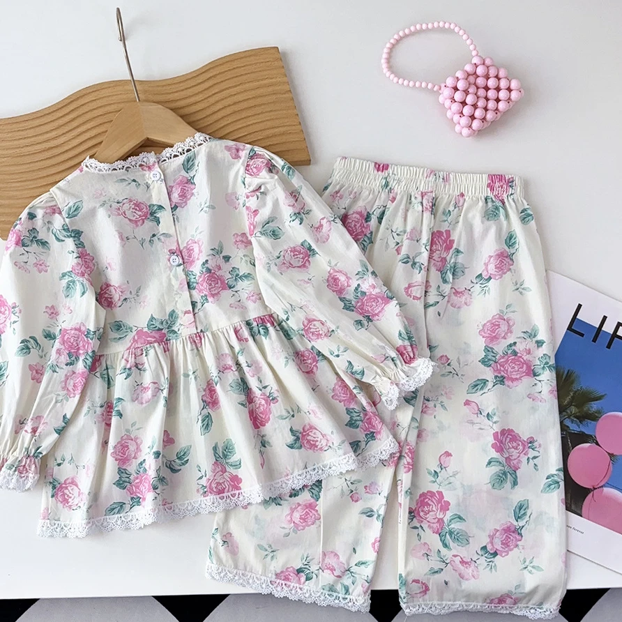 Childrens Sets Autumn Korea Childrens Clothing New Girl Printing Lace Broken Flowers Shirt Easy Wide Leg Pants 2024 Pleated