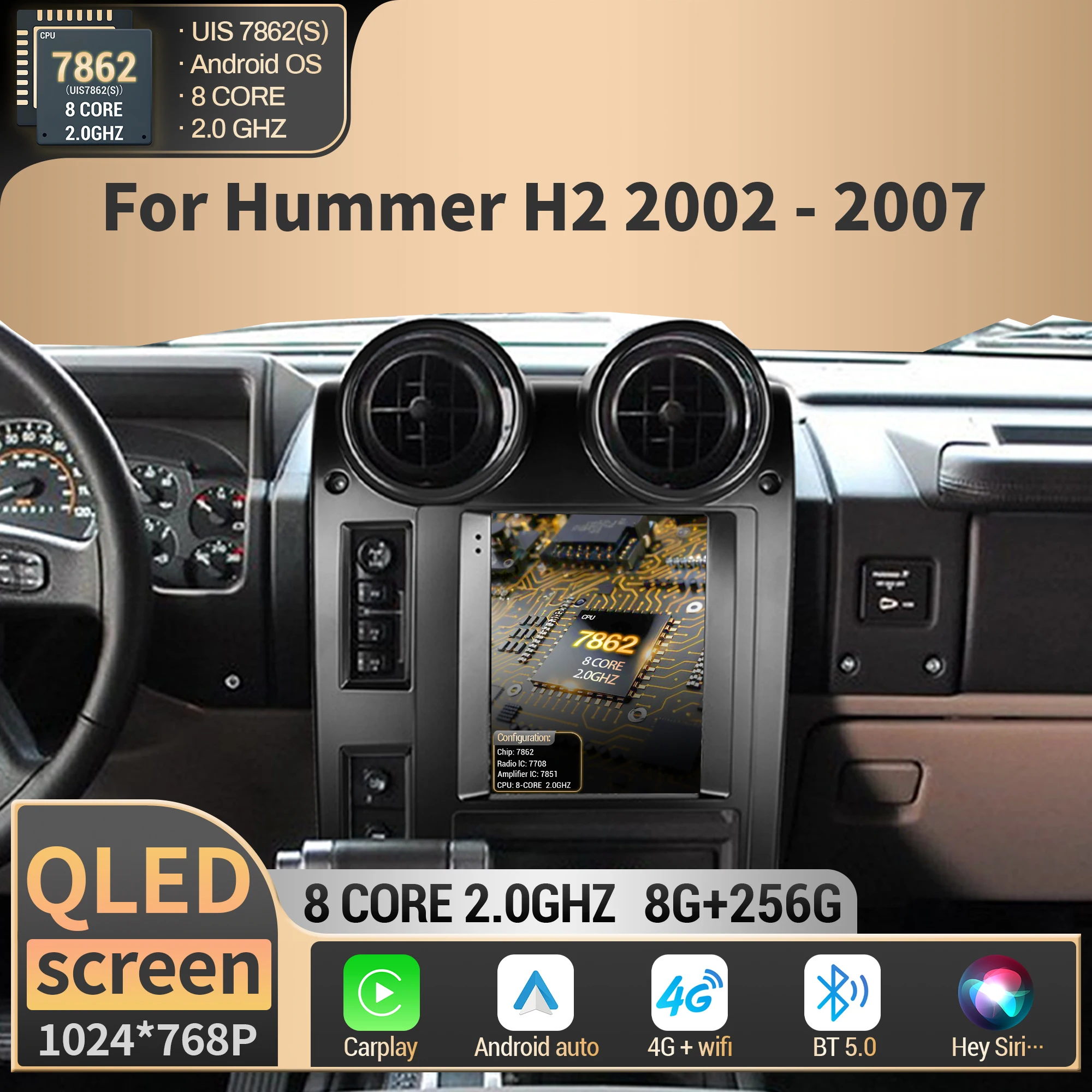 9.7 inch For Hummer H2 2002 2003 2004 2005-2007 Multimedia Car Player Head Unit GPS Navigation Stereo Radio CarPlay QLED Screen
