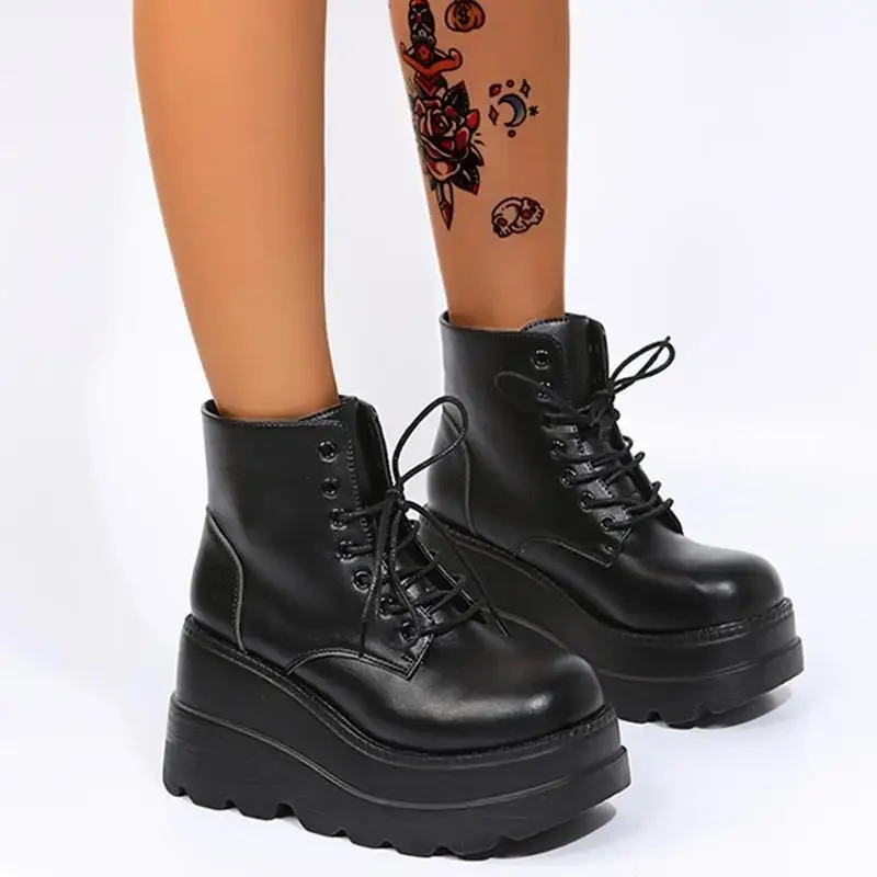 Thick Bottom Large Size 43 Female Boots Lace Up Short Boots Wedges Shoes for Women 2023 Leather High Heels Platform Boots Women