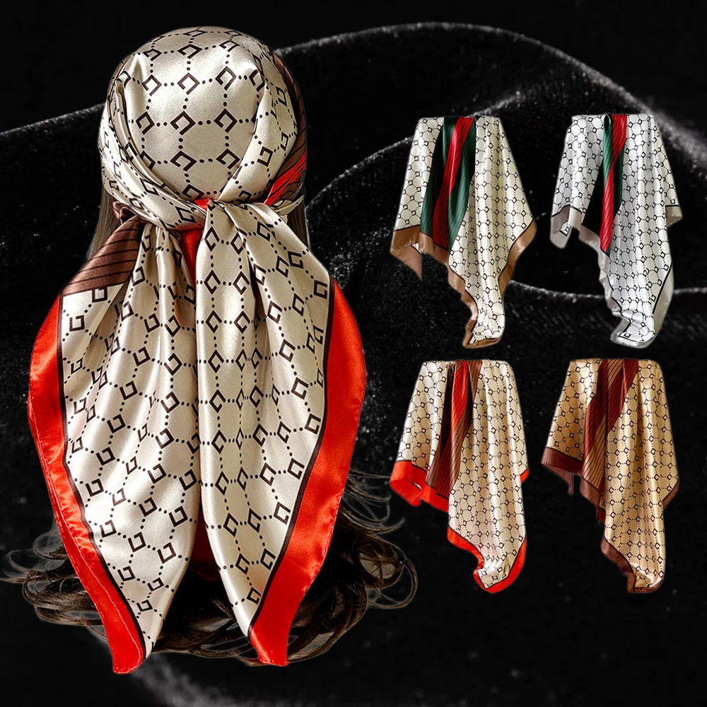 90cm Geometric Print Satin Square Scarf Elegant retro headscarf women artistic accessory Beige orange geometric satin scarf