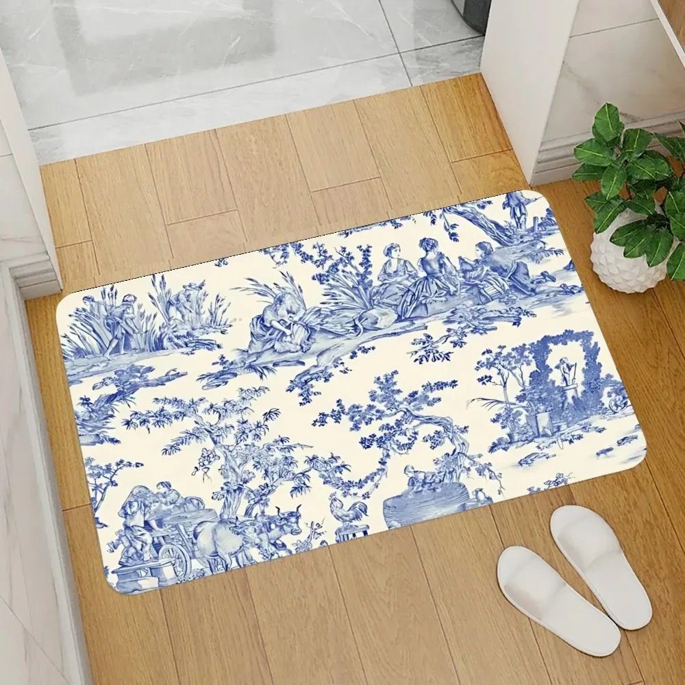 Custom Classic French Toile De Jouy Floor Mat Graphic Printed Flannel Doormats for Bathroom Kitchen Entrance Carpet Home Decor