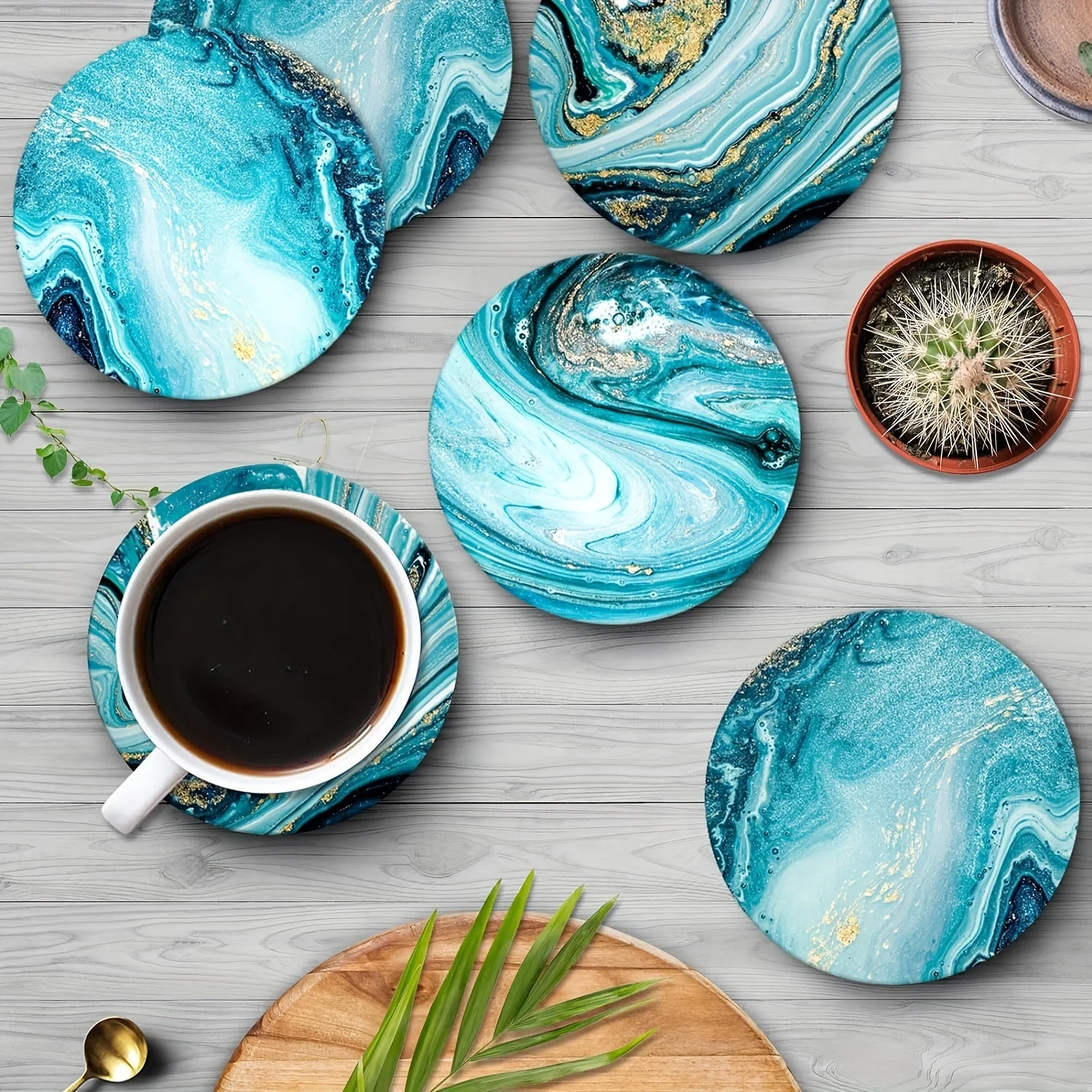 2D Fresh Style Sandy Blue Ocean Theme Flat Round Wooden Coaster Home Table Decoration Cafe Suitable Multi-scenario Elegant Gifts