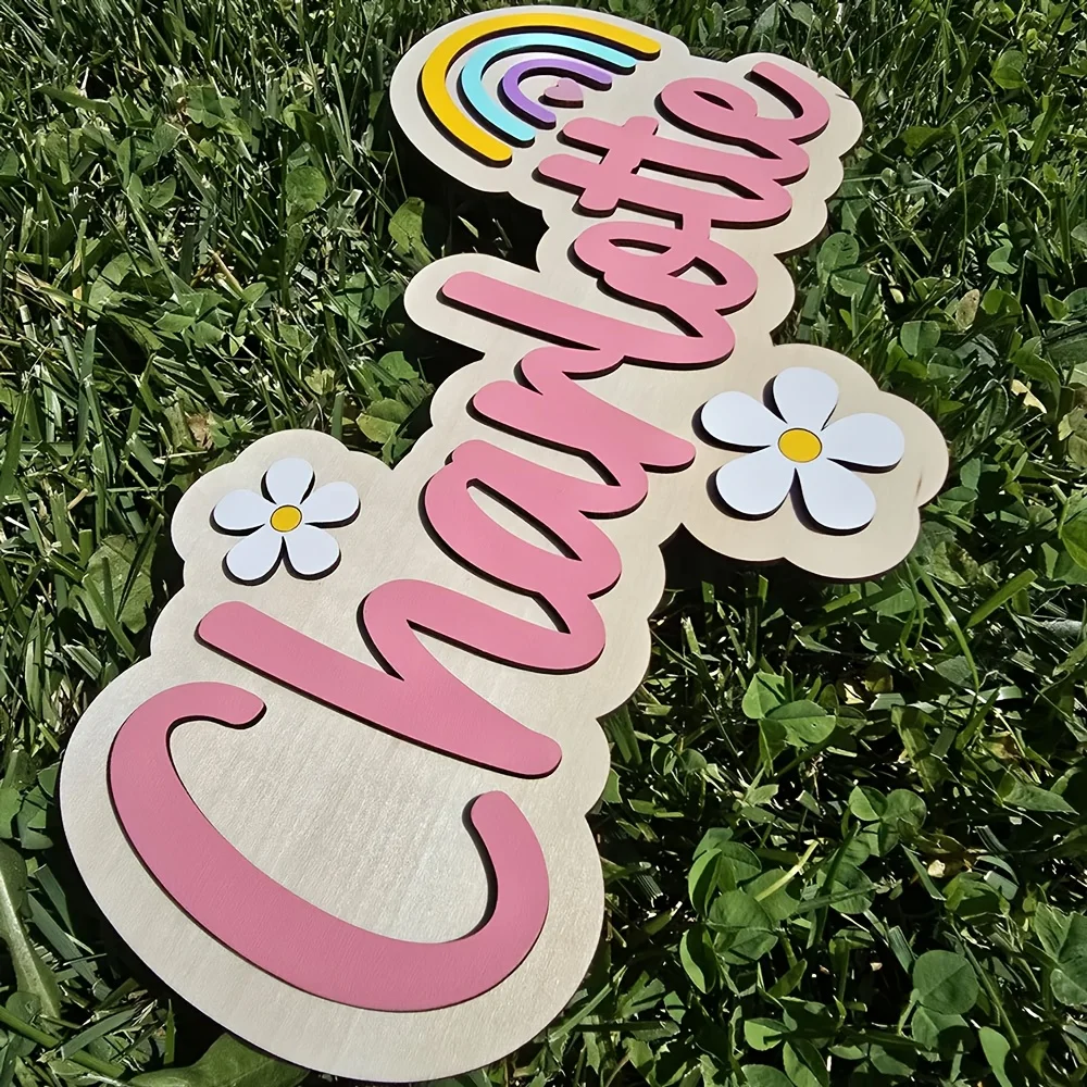 لافتة اسم خشبية مخصصة مع قوس قزح وزهور - لافتة باب "شارلوت" مخصصة، مثالية لغرف الأطفال أو الحضانات أو Ch