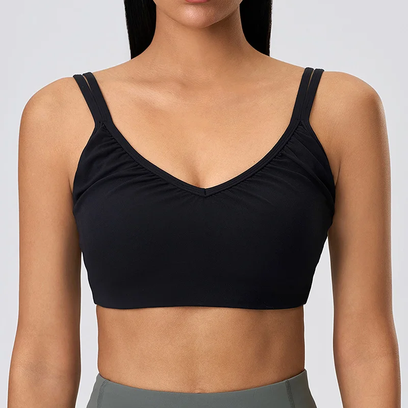 High Impact Soft Fixed Cup Sweetheart Bra for Women Deep V-neck Sports Bra Supple Two Straps Running Fitness Workout Top