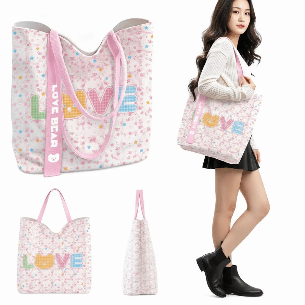 Durable Cute Bear Print Canvas Bag Reusable Large Capacity Tote Bag Lightweight Versatile Shopping Bag Daily Commuting