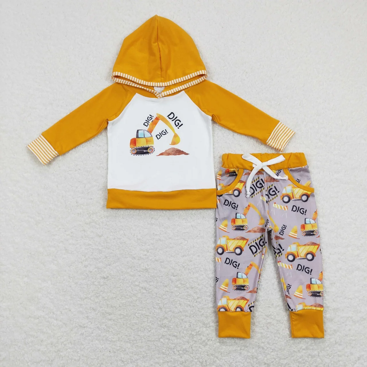 

Wholesale Children Baby Boy Kids Cotton Hoodie Outfit Toddler Yellow Long Sleeves Pullover Pocket Construction Pants Sets