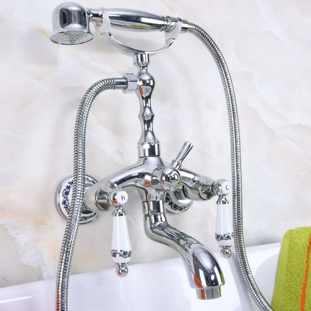 

Polished Chrome Clawfoot Bathtub Faucet Set with Handheld Shower Dual Handles Mixer Taps Wall Mounted tna216