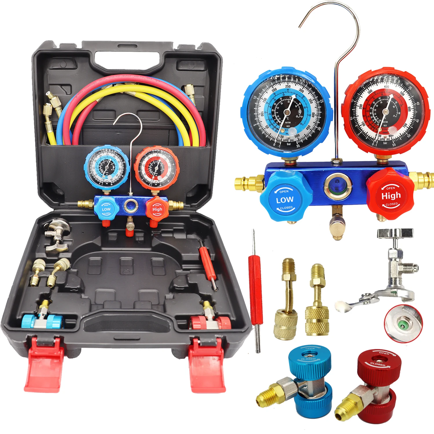 3Way AC Gauge AC Manifold Gauge Set for R134A R22 R410a Refrigerant Freon Gauges with Hoses, Couplers Can Tap Works on Car Auto