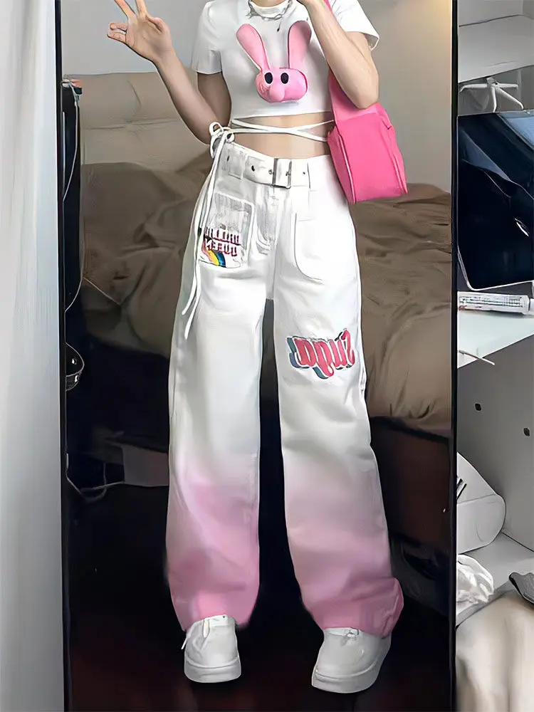 Y2K Pants Gradient Pink Jeans Streetwear Women Harajuku High Waist Straight Trousers Korean Fashion Kpop Kawaii Wide Leg Pants