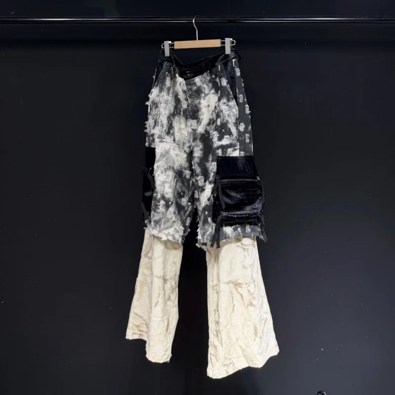 WVGA Autumn Winter New Men's High Street Tie-Dye Jeans Fake Two-Piece Trendy Pockets Niche Chic Casual Straight Pants Ins W13375