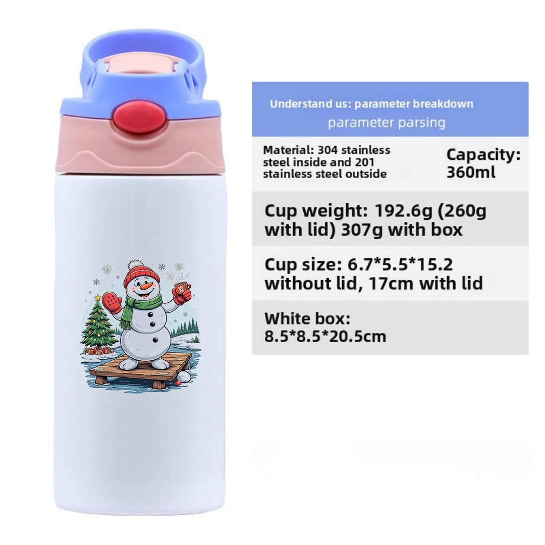 كوب حراري من الفولاذ المقاوم للصدأ 304 + كوب بقشة للأطفال + تصميم كرتوني لرجل الثلج + مجموعة أكواب حرارية لعيد الميلاد - هدية عيد الميلاد