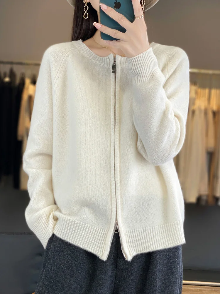 

New Women’s 100% Merino Wool Cardigan Round Collar Zipper Sweater Spring Autumn Winter Cashmere Knitwear Warm Long Sleeve Top