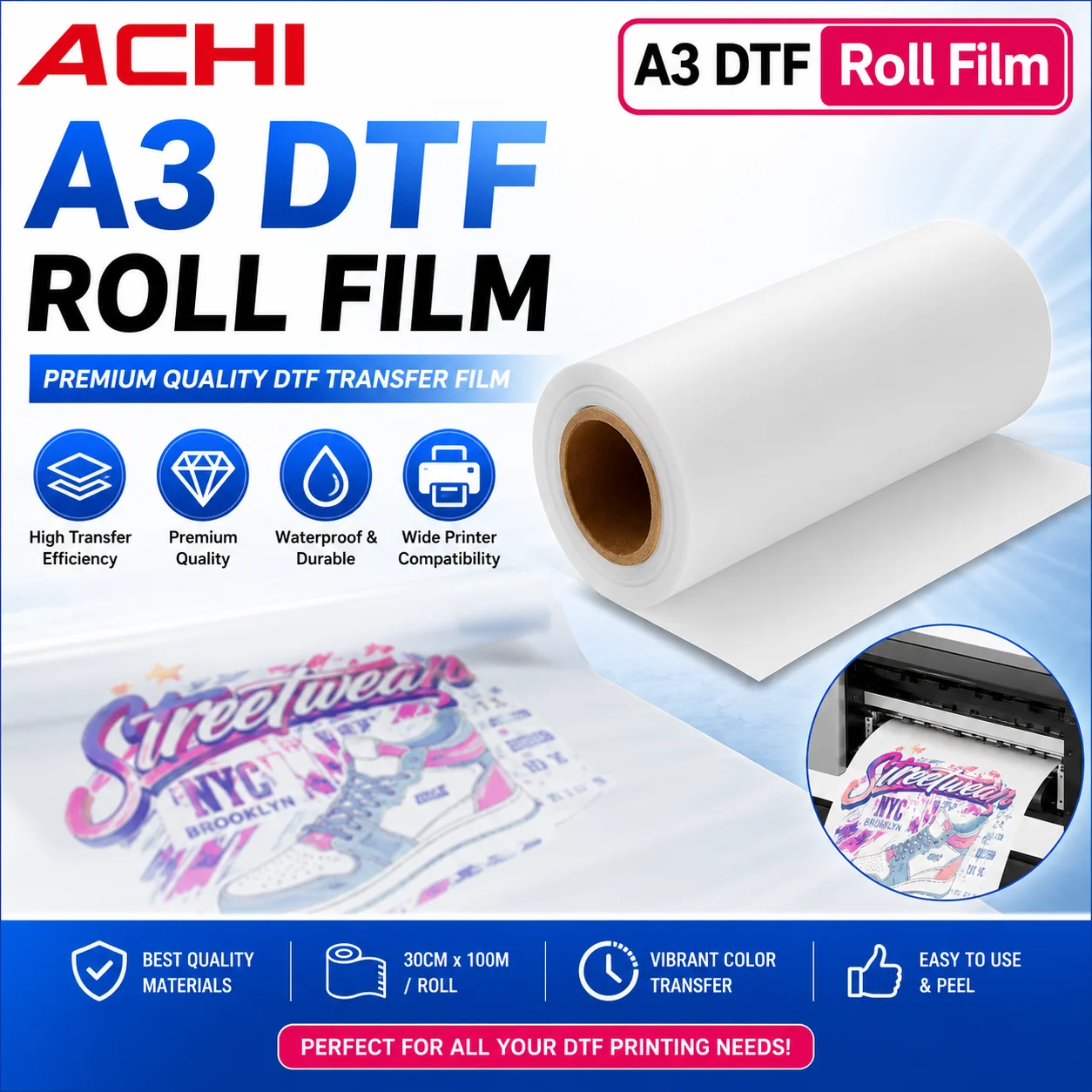 DTF 30cm*100M Film Roll for DTF Sticker Printers Strong Adhesion Washable NO Fade Bright Color For Smooth Surface Transfer Film