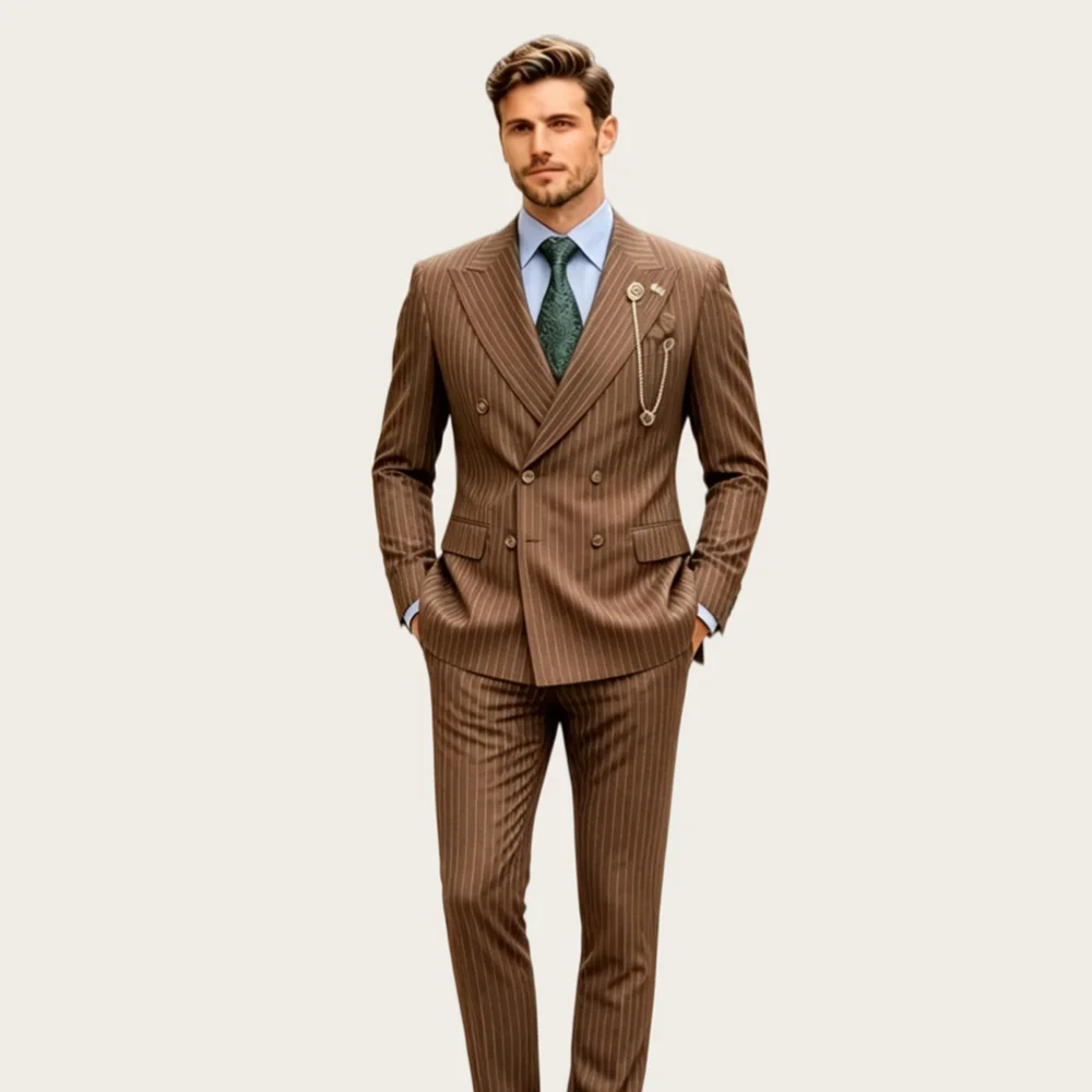 

Tan Pinstripe Men's Suits Peaked Lapel Double Breasted Groom Suit for Man Prom Slim Fit Tuxedo Business Office Blazer Customized